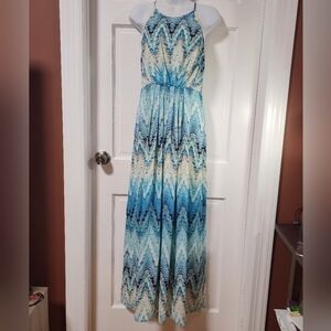 Kenji Sz 8 Maxi Dress Watercolor Chevron Blue Ivory Multicol Embroider Trim